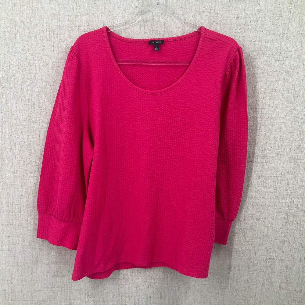 Talbots Top Womens XL Pink Textured Scoop Neck 3/4 Puff Sleeve Button Cuff